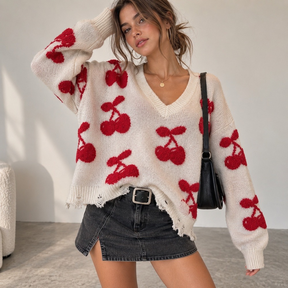 Altar'd‎ State Cherry Distressed Sweater Cream Red 
Coquette Soft Girl Large